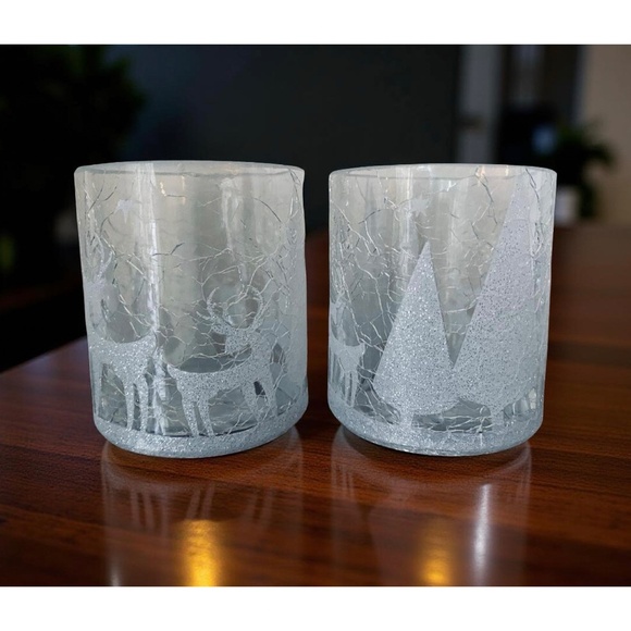 Two Yankee Candle 3" Votive Candle Holders Shimmering Forest Crackle Glass - Picture 2 of 4